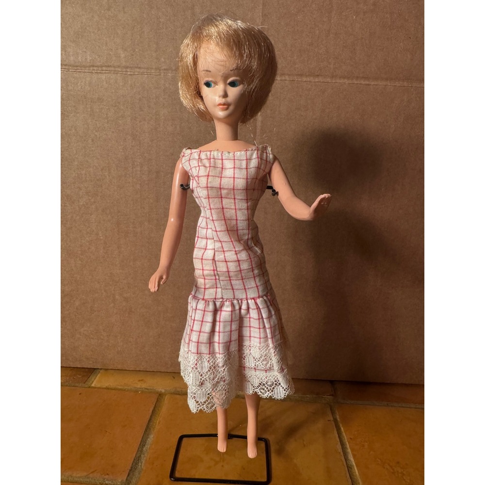 Vintage 11.5 Inch Fashion Doll Blonde Hair Blue Eyes Red Checkered Lace Dress